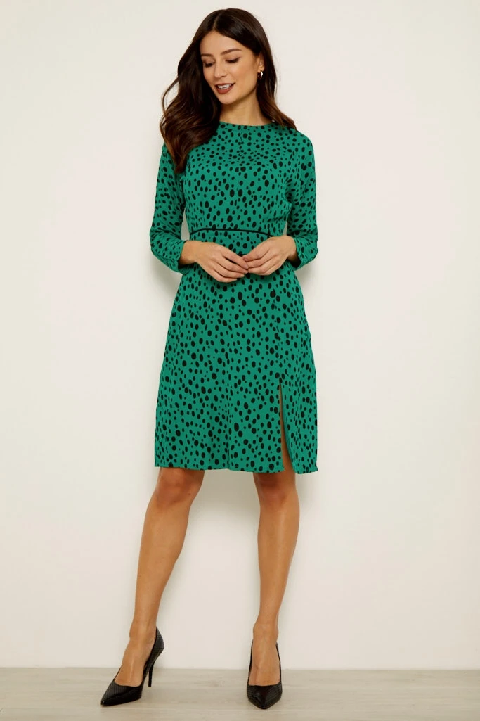 Green Spot Print Waist Detail Dress 4 Green Spot Print Waist Detail Dress - Image 2