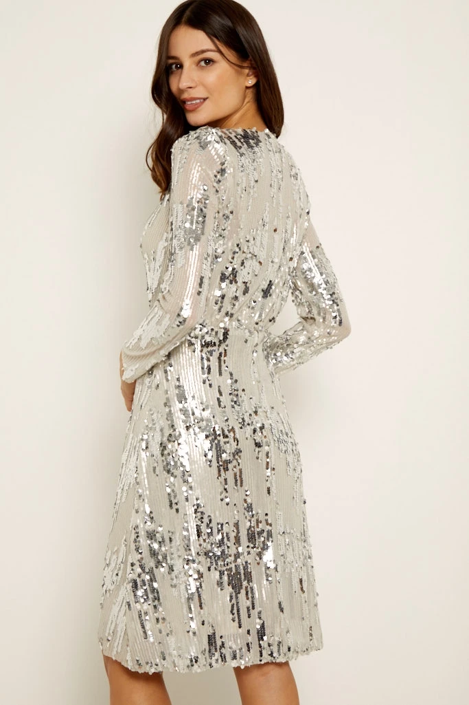 Silver Scattered Sequin V Neck Dress 6 Silver Scattered Sequin V Neck Dress - Image 4