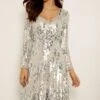 Silver Scattered Sequin V Neck Dress -Sosandar Fashion Store a19dw141 5