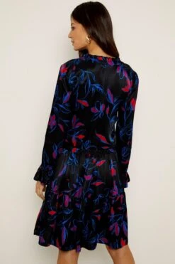 Black Floral Print Drawstring Waist Tunic Dress -Sosandar Fashion Store a19dw155 23