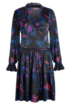 Black Floral Print Drawstring Waist Tunic Dress -Sosandar Fashion Store a19dw155mi0001