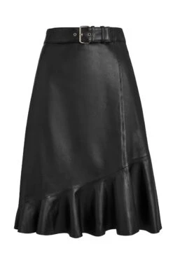 Black Leather Asymmetric Ruffle Hem Skirt -Sosandar Fashion Store a19sl004 bk0001black leather aline copy