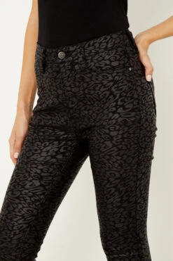 Black Textured Leopard Print Coated Skinny Jeans -Sosandar Fashion Store a20bd021 12