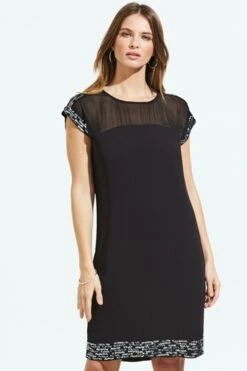 Black Metallic Embellished Sheer Top Shift Dress