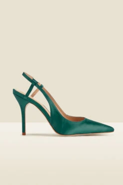 Peyton Dark Green Satin Flared Heel Pointed Toe Slingback Court -Sosandar Fashion Store a22fw037gn b