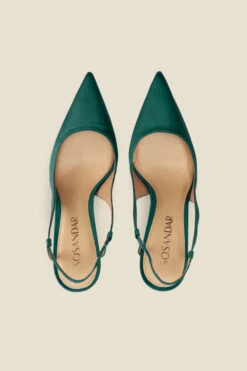 Peyton Dark Green Satin Flared Heel Pointed Toe Slingback Court -Sosandar Fashion Store a22fw037gn c