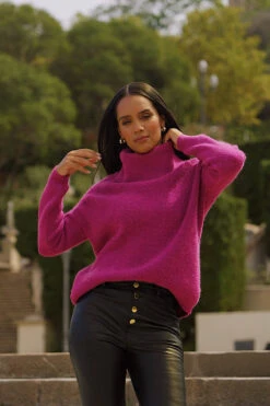 Magenta Roll Neck Super Soft Knitted Jumper -Sosandar Fashion Store a38ae3265051f289e1d6d965585d94d895df7278