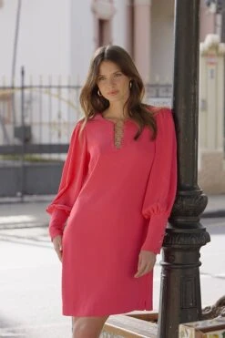 Coral Red Ring Detail Shift Dress -Sosandar Fashion Store a52896a7dbb11b429748f2d798bcdf193ba513fc