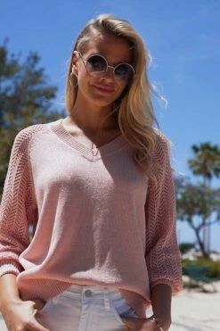 Pink Pointelle Sleeve V Neck Jumper -Sosandar Fashion Store a53560107da9a7eb500154eb3512a4853ec20315