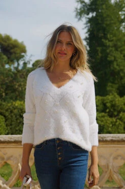 Cream Pointelle Pearl Embellished Jumper -Sosandar Fashion Store a8bf21caadc94e7c3c8e2766966816909ba8c768