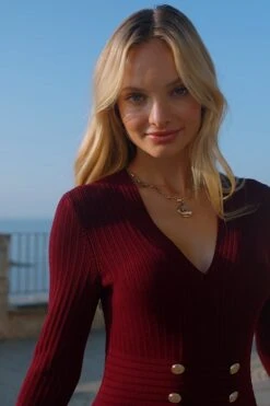 Burgundy Button Detail Knitted Midaxi Dress -Sosandar Fashion Store a90521f0f7d04915b538984ba965f262a4228f1b