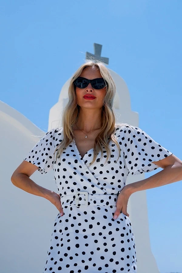 White & Black Spot Print Belted Wrap Dress 8 White & Black Spot Print Belted Wrap Dress - Image 6