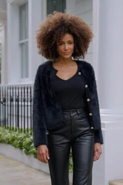 Black Fluffy Knit Cardigan With Luxe Gold Buttons -Sosandar Fashion Store acdbf003b9d9cddbaed02cfab25a8fd1f8b55abb