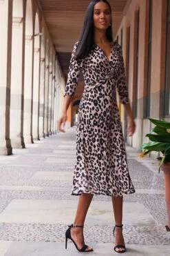Leopard Print Twist Front Midi Jersey Dress -Sosandar Fashion Store b1eb6418f8862863bdcc14b101159d9413483e9d