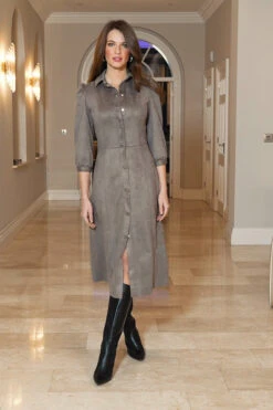 Taupe Faux Suede Popper Front Shirt Dress 19 Taupe Faux Suede Popper Front Shirt Dress -Sosandar Fashion Store b8fc1a992250f15920235a4e95d1d9ad90a5d23d
