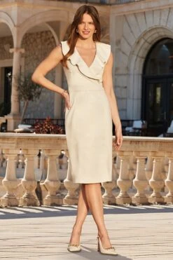 Ivory Faux Leather Ruffle Detail Pencil Dress