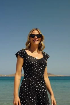 Black Spot Print Ruched Neckline Playsuit -Sosandar Fashion Store bbac073c354ded7ce5ffefd5548ede4ee34b5c19