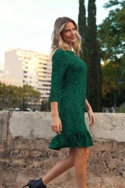 Forrest Green Animal Print Ruffle Hem Shift Jersey Dress -Sosandar Fashion Store bf91c8833eeb408b5ea9d558928caccab2fcfc64