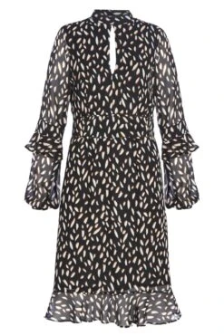 Black Fleck Print Fit & Flare Ruffle Dress 12 Black Fleck Print Fit & Flare Ruffle Dress -Sosandar Fashion Store blackmeshpatternmidi