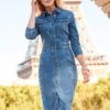 Blue Popper Front Pencil Denim Dress -Sosandar Fashion Store blue popper front pencil denim dress