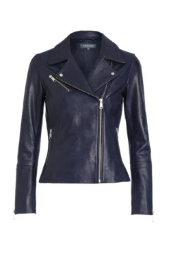 Navy Blue Leather Biker Jacket -Sosandar Fashion Store blueleatherjacket