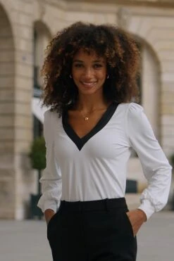 Ivory Contrast Trim Blouson Sleeve Top -Sosandar Fashion Store c25164a718f52312ac859dcb22f6053506cbc392