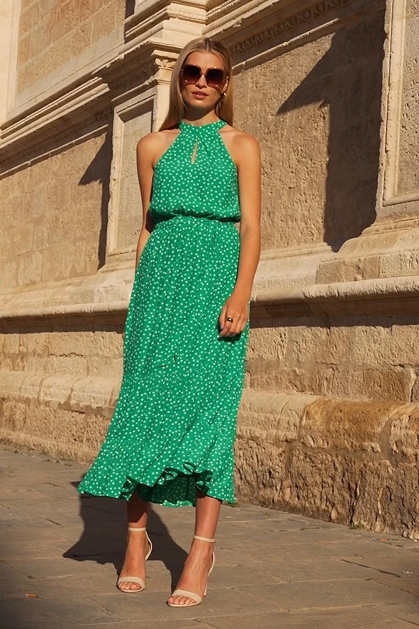 Green & White Spot Print Keyhole Detail Midi Dress 7 Green & White Spot Print Keyhole Detail Midi Dress - Image 5