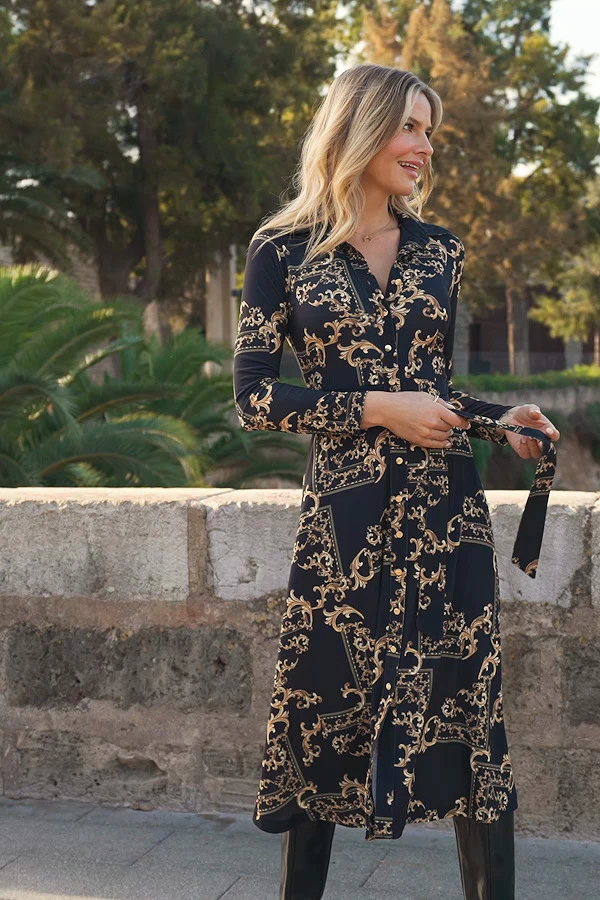 Black & Gold Baroque Print Midi Shirt Jersey Dress 8 Black & Gold Baroque Print Midi Shirt Jersey Dress - Image 6