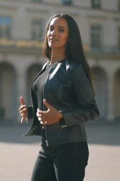 Midnight Blue Zip Front Round Neck Leather Jacket -Sosandar Fashion Store c521e99d8a84d3c377e018e586d70027226f0444