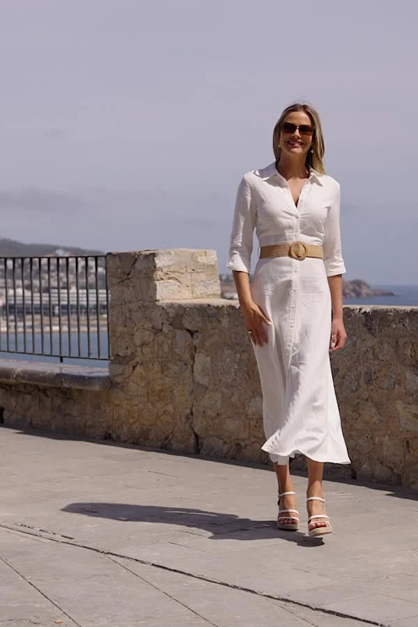 White Linen Blend Midi Shirt Dress With Raffia Belt 9 White Linen Blend Midi Shirt Dress With Raffia Belt - Image 7