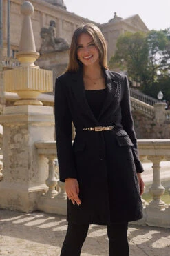 Black Boucle Coat With Gold Belt Detail -Sosandar Fashion Store cc10155c79a72262d68fab0f5d41312460c56bda