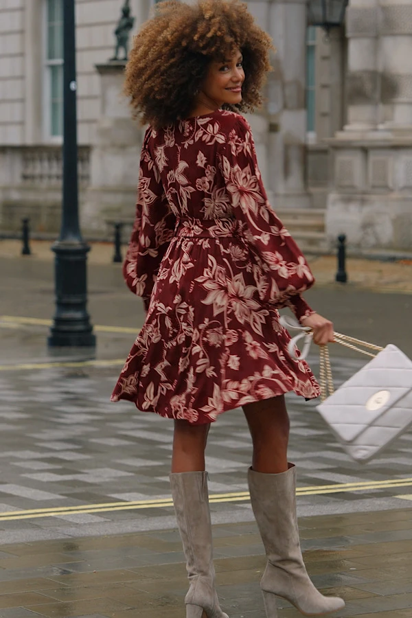 Burgundy & Ecru Floral Print Belted Fit & Flare Dress 8 Burgundy & Ecru Floral Print Belted Fit & Flare Dress - Image 6