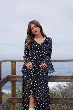 Petite Black Spot Print Ruffle Detail Fluted Sleeve Midi Dress -Sosandar Fashion Store cdeeec3b564aef6f7ca1d952649690206c8e51c5