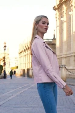 Soft Pink Leather Biker Jacket -Sosandar Fashion Store ceea490b0ee3214503c2ef5caa4ba9e29513cbb8