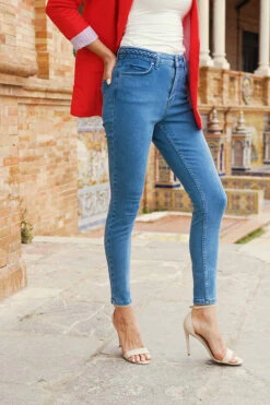 Mid Blue Braid-Detail Skinny Jeans -Sosandar Fashion Store cf6a16099dc4c237a5dc765a42826c7a9318e9c0