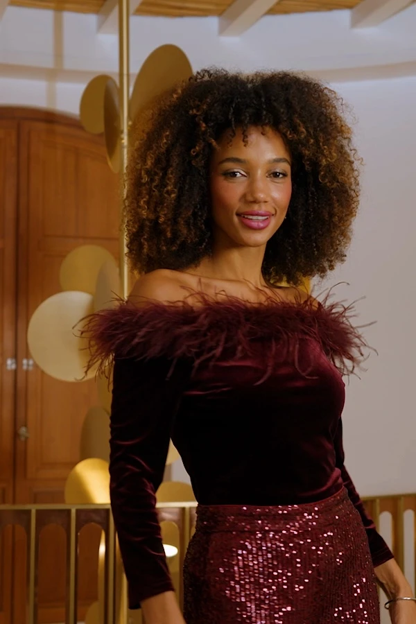 Burgundy Velvet Feather Trim Bardot Top 8 Burgundy Velvet Feather Trim Bardot Top - Image 6