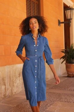 Mid Blue Popper Front Belted Denim Midi Dress -Sosandar Fashion Store d1a2433709745a071a4fb2ab6af8104b9574aa9d