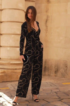 Black & Gold Chain Print Wrap Front Wide Leg Jumpsuit With Pockets -Sosandar Fashion Store d2757d68e24bd6d95fda4e23d9174f45ed23ebe1