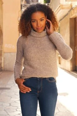 Camel Roll Neck Boucle Slouch Jumper -Sosandar Fashion Store d2913b620ab823392f243bb2d49ead123fc62b7f