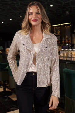Silver Luxe Sequin Biker Jacket -Sosandar Fashion Store d3c29dbac58a47f33e69b78843f471a91b3ca520