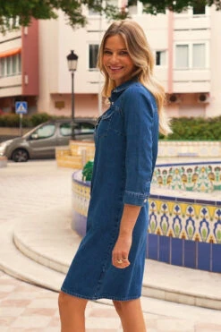 Indigo Blue Popper Front Denim Shift Dress -Sosandar Fashion Store d41b46c9583494053a1db8f9109ecbafe2bf73c2