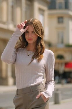 Natural Textured Button Cuff Jumper -Sosandar Fashion Store d7060abfbfda8b335c74507571462dbcc0ec85eb