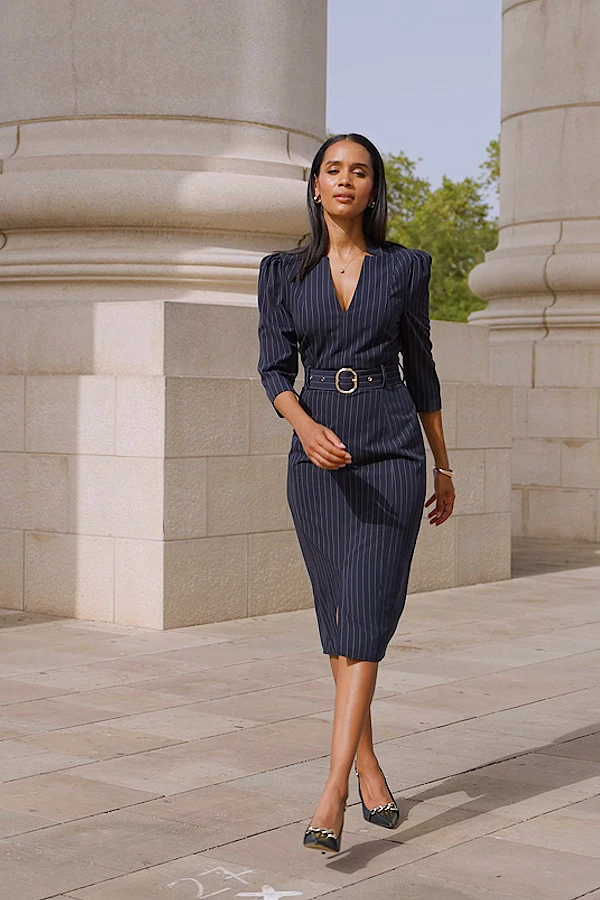 Navy Blue Pinstripe Belted Pencil Dress 7 Navy Blue Pinstripe Belted Pencil Dress - Image 5