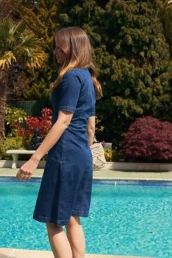 Indigo Blue Popper Front Short Sleeve Denim Dress -Sosandar Fashion Store d9ddffdf9d250b03487427d7dea13fe0f392f642