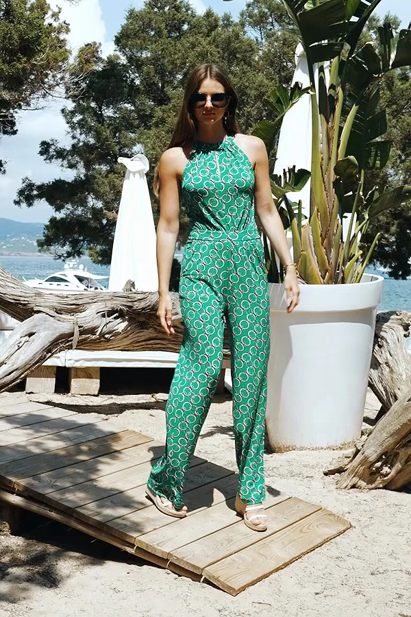 Green Chain Print Halter Neck Jumpsuit With Pockets 8 Green Chain Print Halter Neck Jumpsuit With Pockets - Image 6