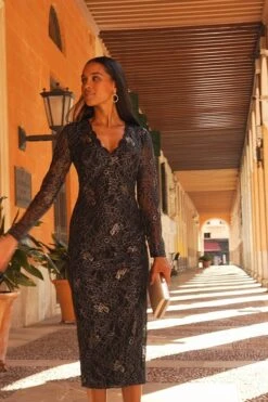 Black & Gold Lace Ruched Midi Jersey Dress -Sosandar Fashion Store dd579f12267f63d3530b224135022a06e240a6b8