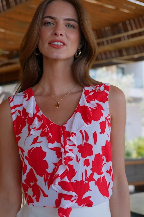 Red & White Floral Print Ruffle Detail Top 8 Red & White Floral Print Ruffle Detail Top - Image 6