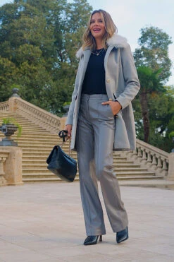 Light Grey Button Detail Coat With Faux Fur Collar -Sosandar Fashion Store def840c22f2598d3ce6f4586d867b01c037d19ff