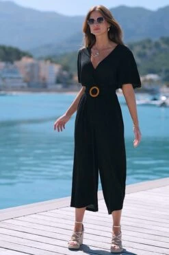 Black Pom Pom Trim Angel Sleeve Jumpsuit -Sosandar Fashion Store df456eab5494db267f2da12e8dfb005e912fc401