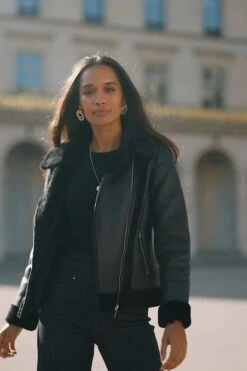 Black Faux Shearling Aviator Jacket -Sosandar Fashion Store df85074fa2844d9a5c0a3a87bdd396059d3e4981